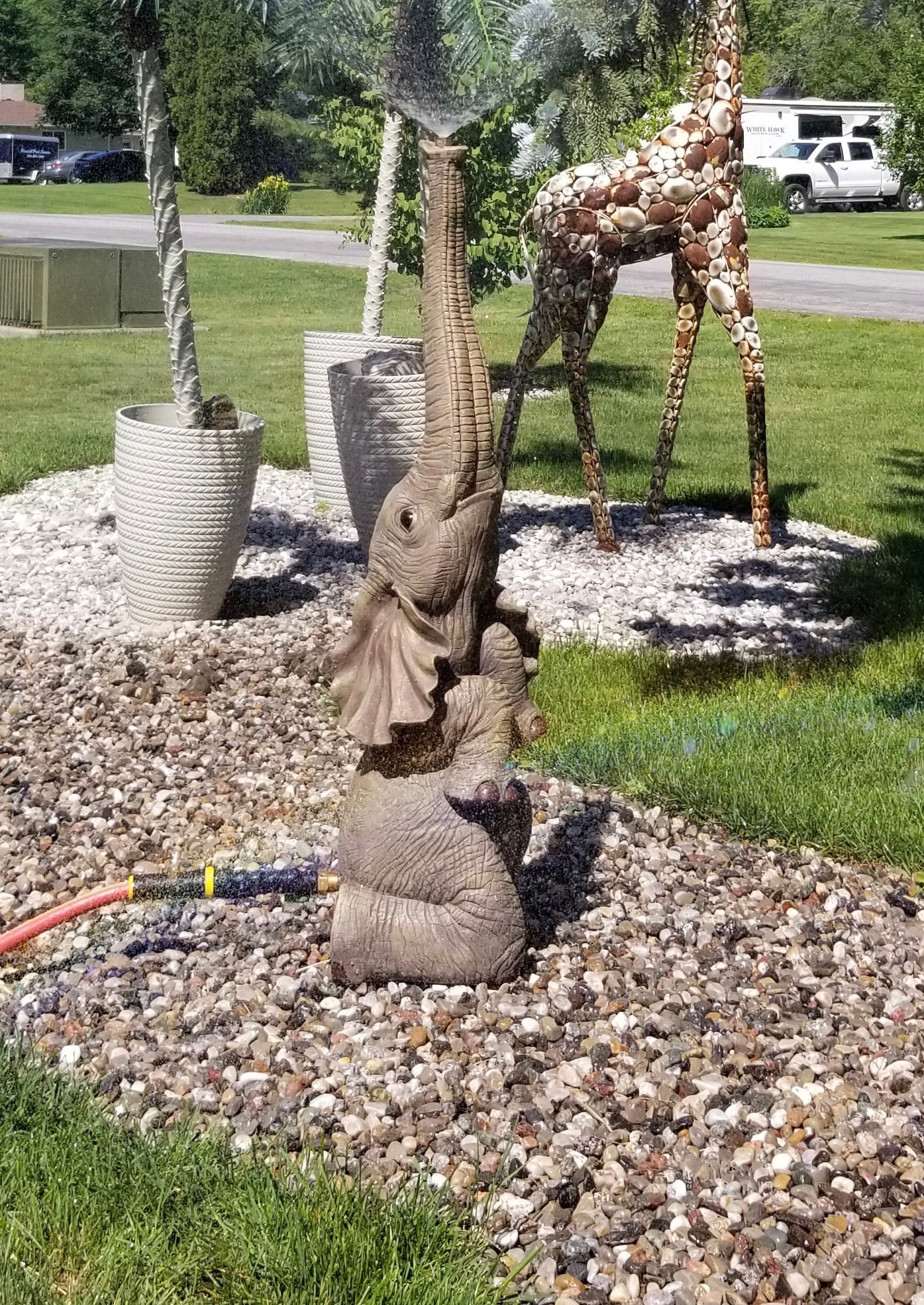 Elephant sprinkler on garden hose