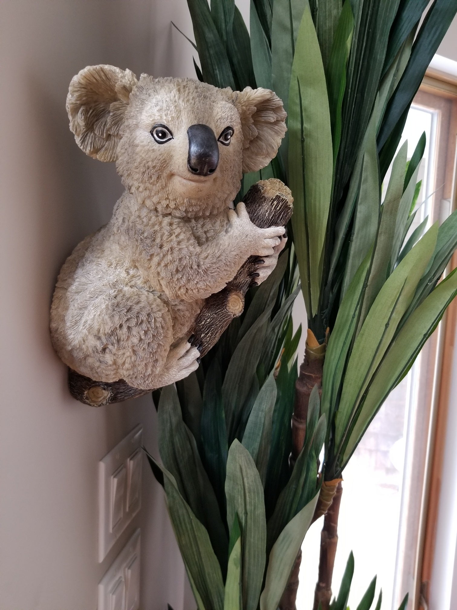 koala statue guarding dracaena tree