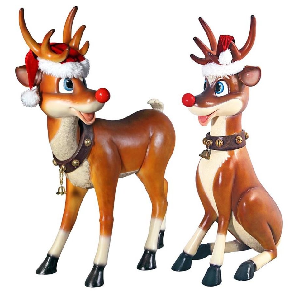 red nosed reindeer pair statues for sale