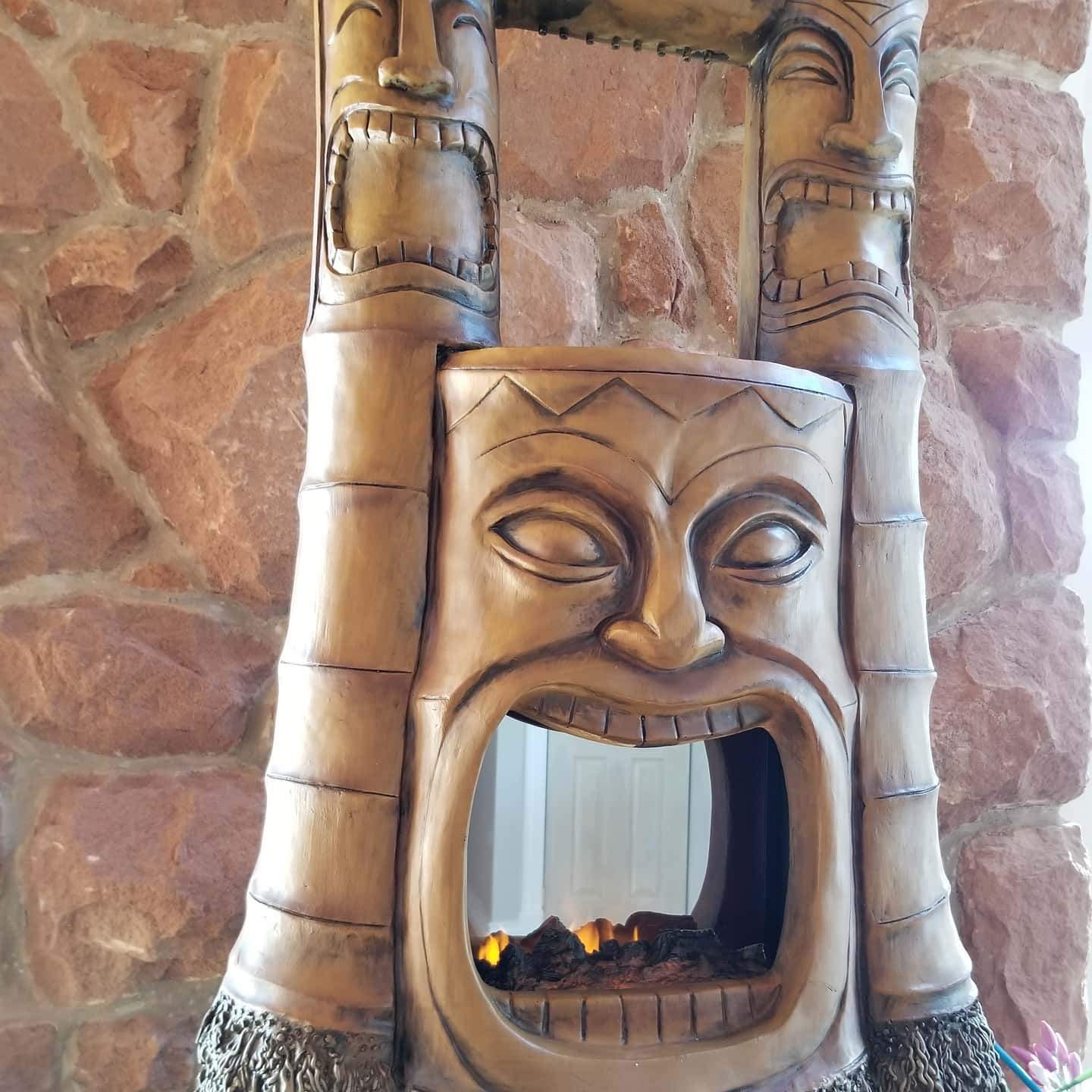 tiki water fountain with fire activated